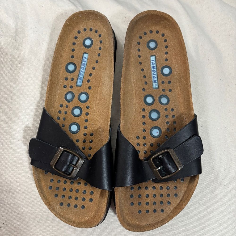 Sanosan Malaga Single Strap Black Leather Sandals Made In Spain Cork Suede Lined
